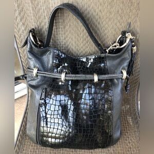 Black Croc-Embossed Leather Shoulder Tote Bag